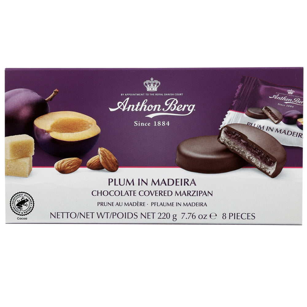 Anthon Berg Plum in Madeira Marzipan 220g | Liqueur Chocolate Gift