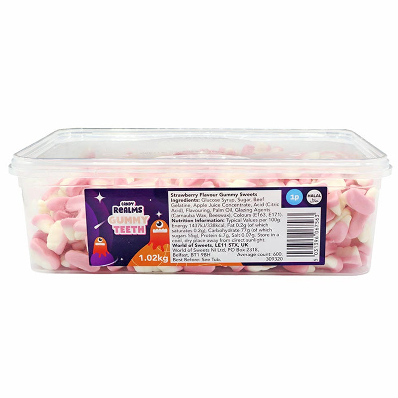 Candy Realms Gummy Strawberry Flavour Teeth 1.02kg Tub | Halal Friendly