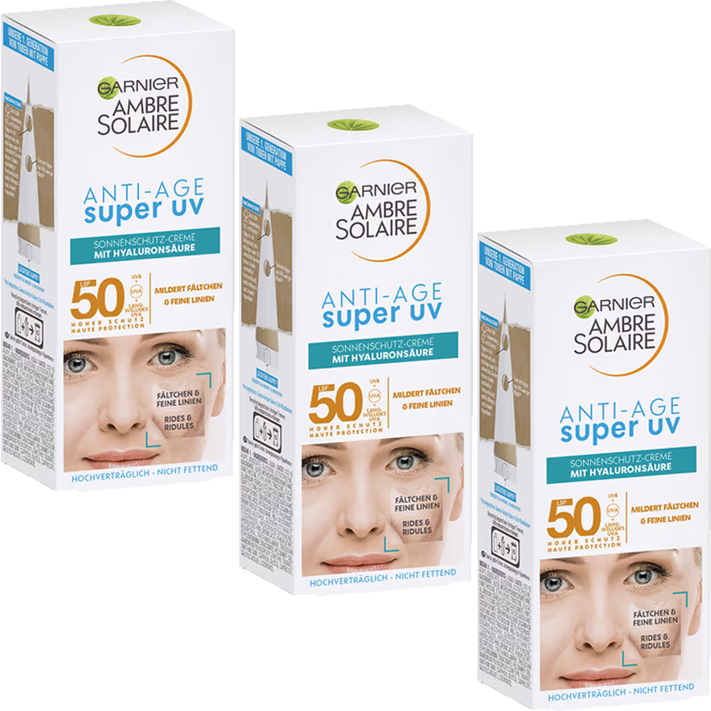 Garnier Ambre Solaire SPF50 Anti-Age Sun Cream 50ml (Pack of 3)