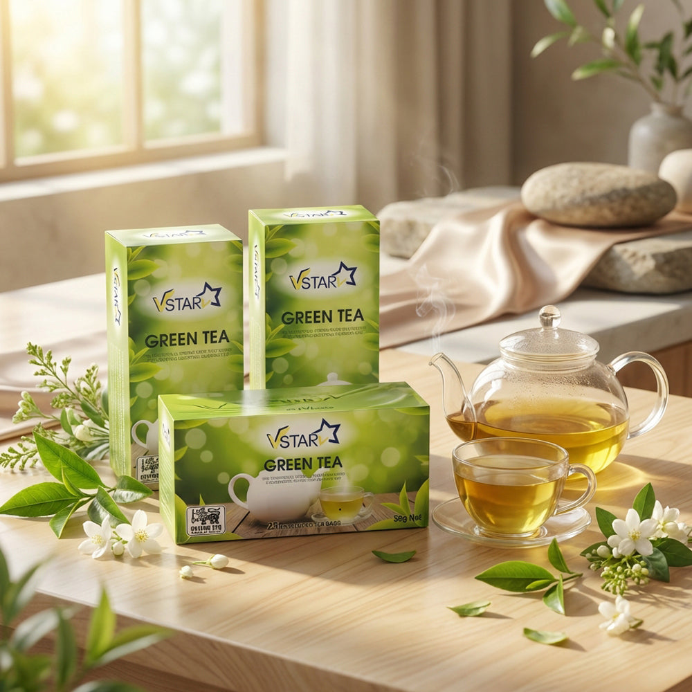 VSTAR Green Tea – 3 × 50g | Pure Ceylon Green Tea (75 Enveloped Tea Bags)