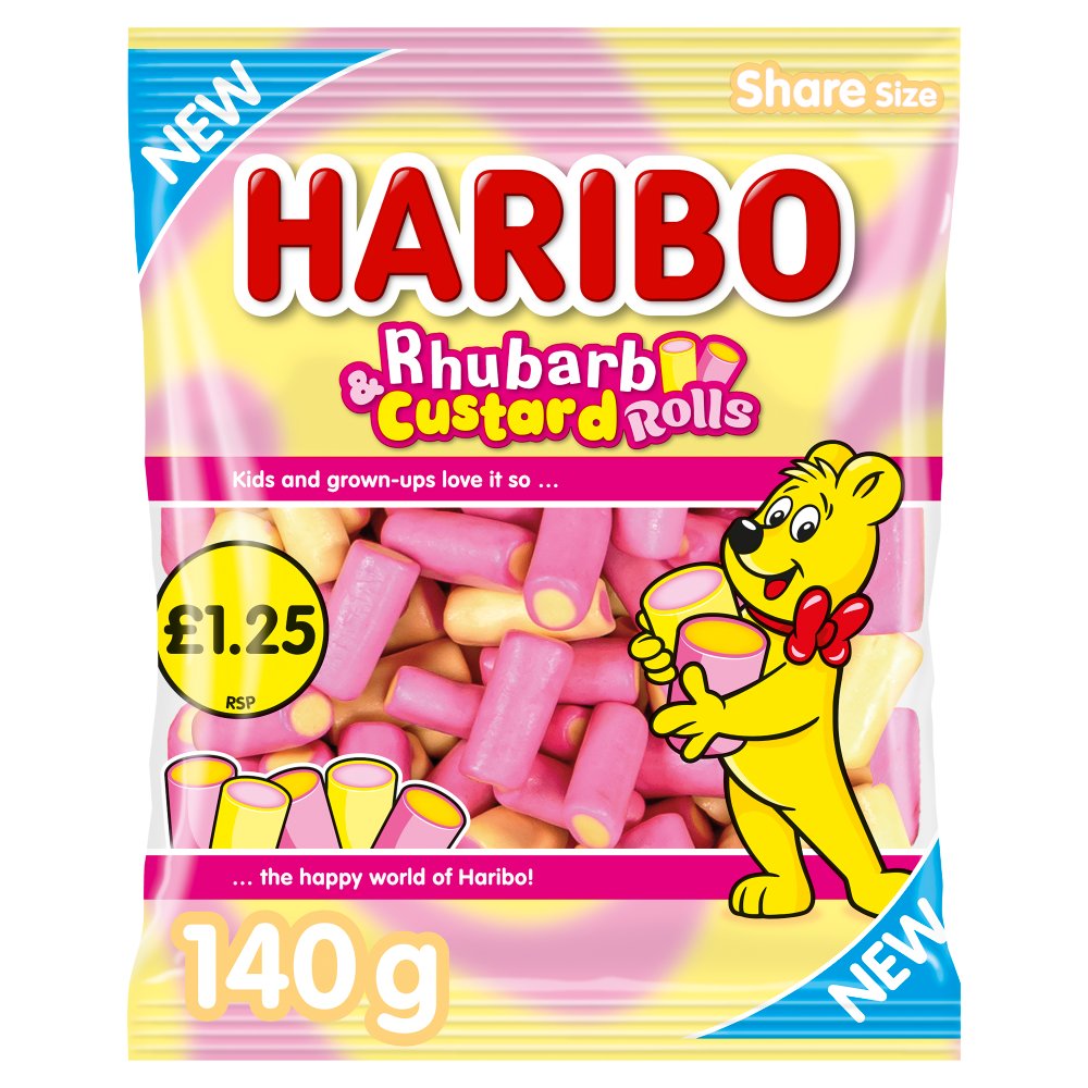HARIBO Rhubarb & Custard Rolls PMP Bags 140g (Box of 12)