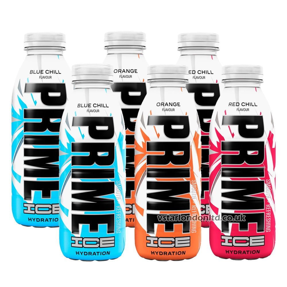 Prime Orange, Blue & Red Chill Flavour Ice Hydration 500ml (6 & 12 Bottles)