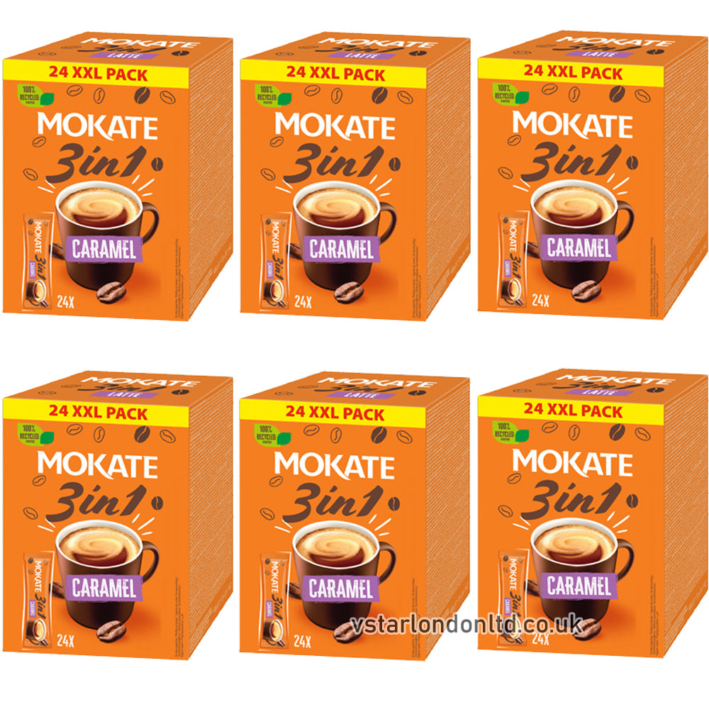 Mokate 3 in 1 Caramel XXL Coffee – Box of 6 x 24 Packs (Total 2.45kg)