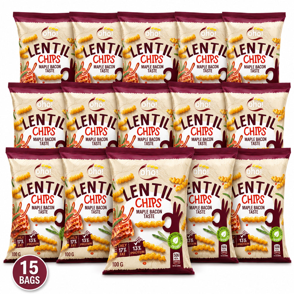 Oho! Lentil Chips Maple Bacon Flavour 100g (10, 15 & 23 Bags)