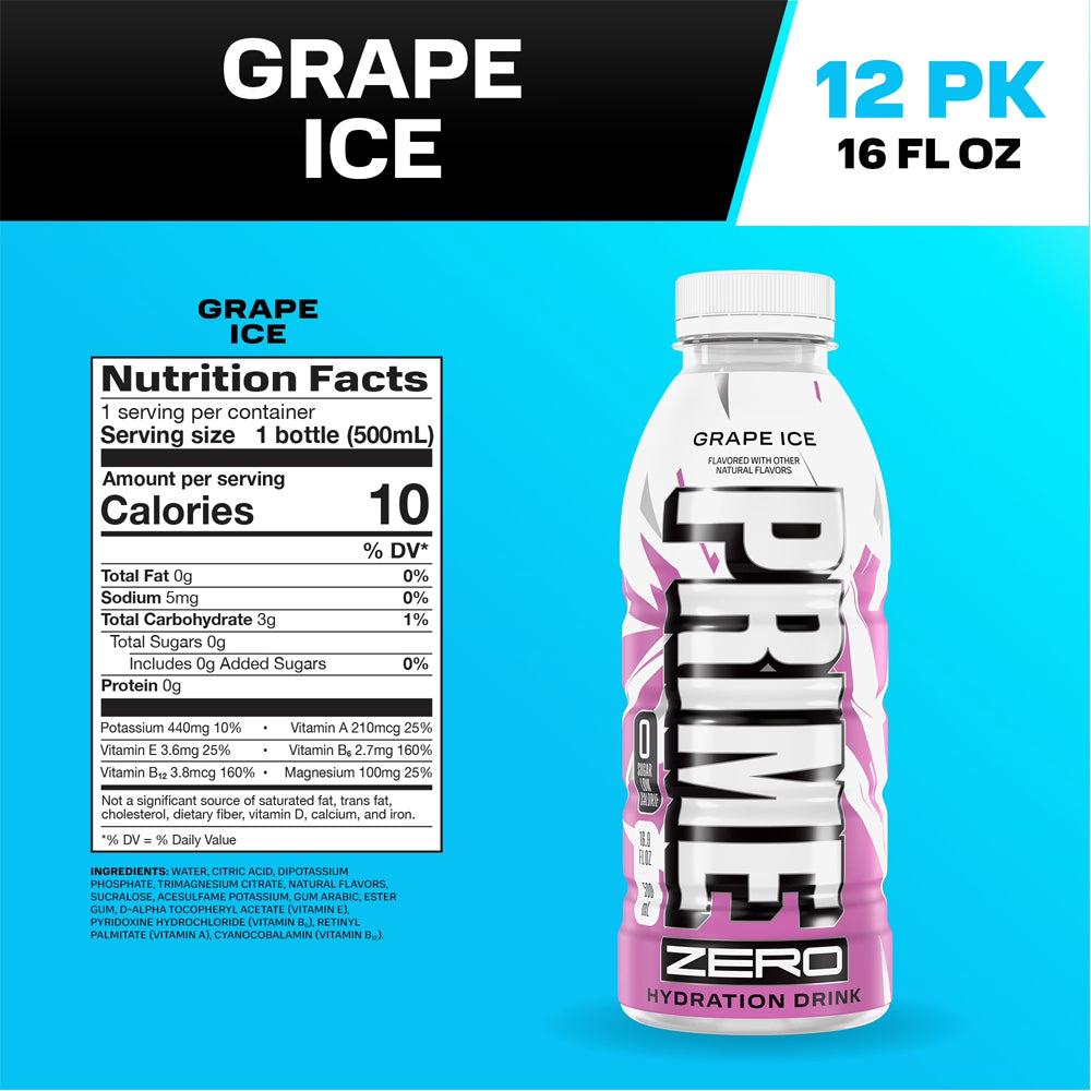 Prime Hydration Zero Grape Ice 500ml Bottles (6 & 12 Pack)