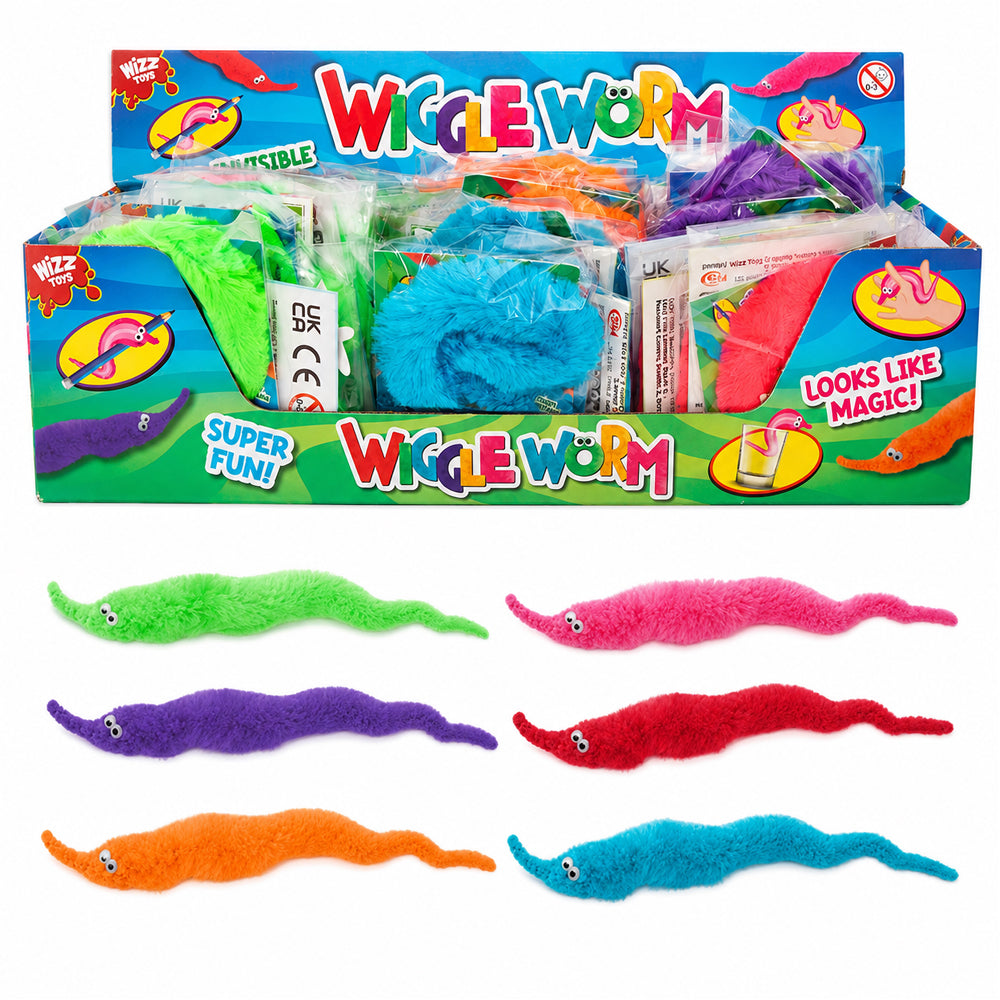 Wizz Toys Wiggle Worms on String 48 Pack – Bendy Furry Fidget Toy (6 Colours)