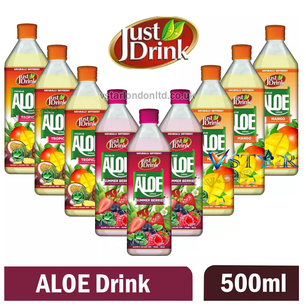 Premium Aloe Drink Mango, Summer-Berries and Tropical Just Drink Flavors 500ml(Pack of 6 and 12)
