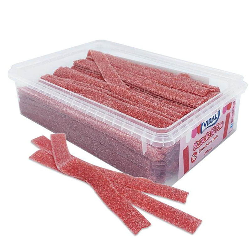 Vidal Fizzy Strawberry Belts PMP Tub 1.3kg Sugar Coated Strawberry Flavour Belts Candy