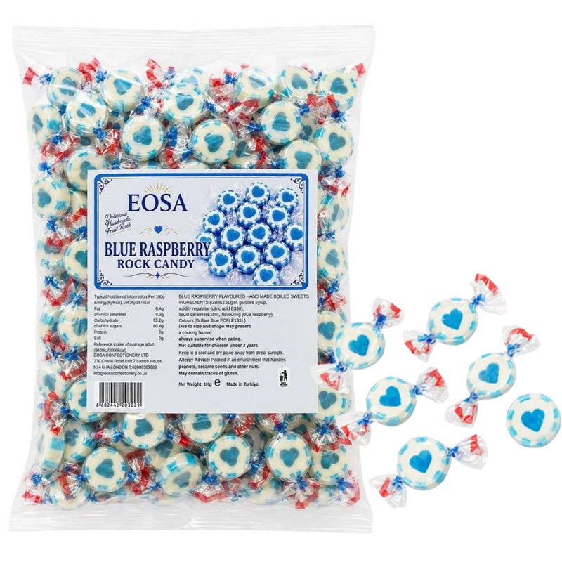 Blue Raspberry Rock Candy Hearts 1kg – Handmade Individually Wrapped Sweets