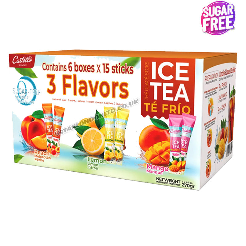 Castello Sugar Free Iced Tea Sticks 3 Flavours Peach Lemon Mango (6 x 45g)