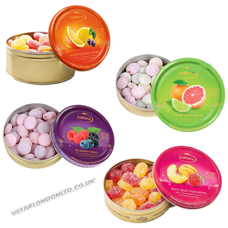 Kalfany Fruit Drops 150g Tins – Mixed Flavours (5 or 10 Tins)