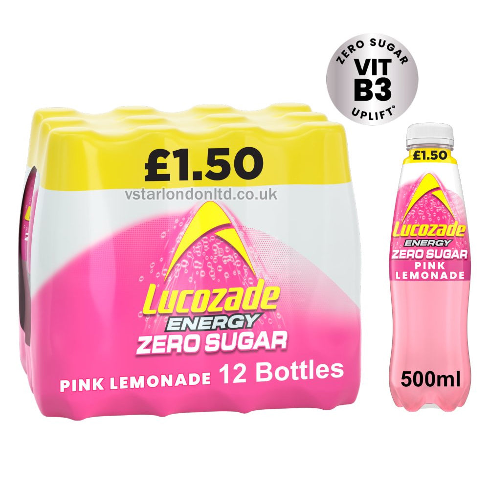 Lucozade Zero Sugar Drink Pink Lemonade 500ml(Pack of 12)