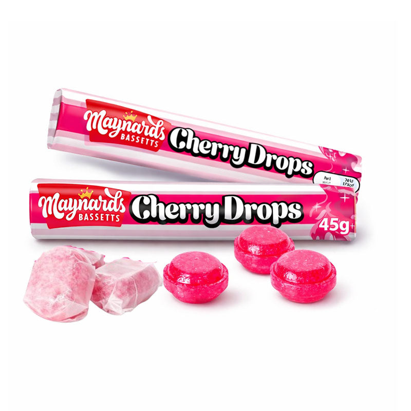 Maynards Bassetts Cherry Drops Sweets Rolls – Cherry Flavoured Hard Candy Roll 45g (Box of 40 Rolls)