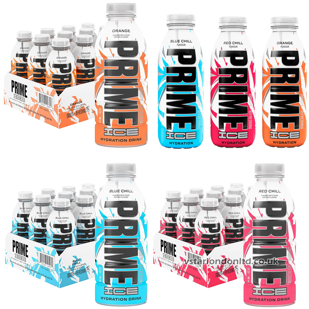 Prime Orange, Blue & Red Chill Flavour Ice Hydration 500ml (6 & 12 Bottles)