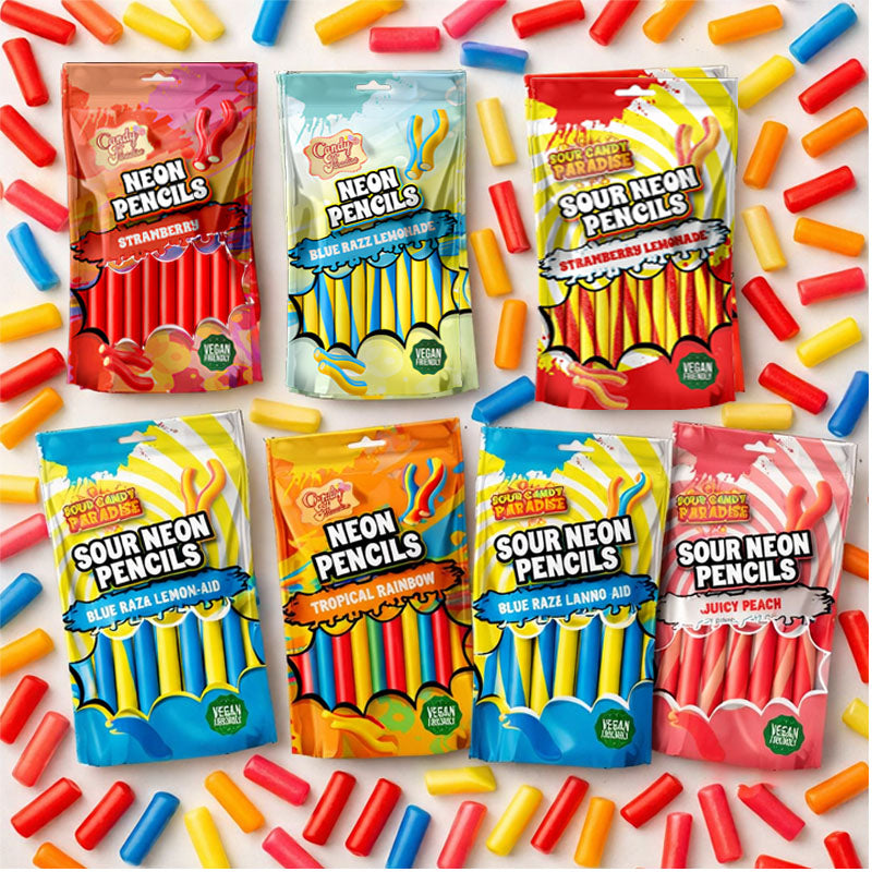 Neon Pencils Candy 130g | Strawberry, Sour & Tropical Flavours (Box of 12 Packs)