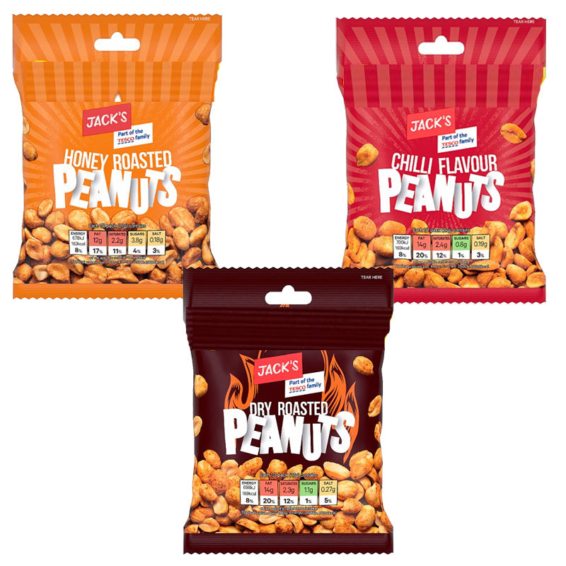 Jack's Roasted Peanuts 55g x 24 Packs – Honey Roasted, Chilli & Dry Roasted