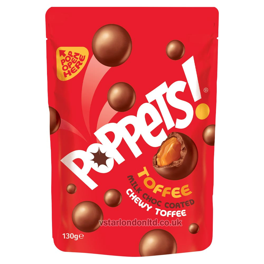 Poppets Milk Chocolate Coated Chewy Toffee 130g(Pack of 9 Pouches)