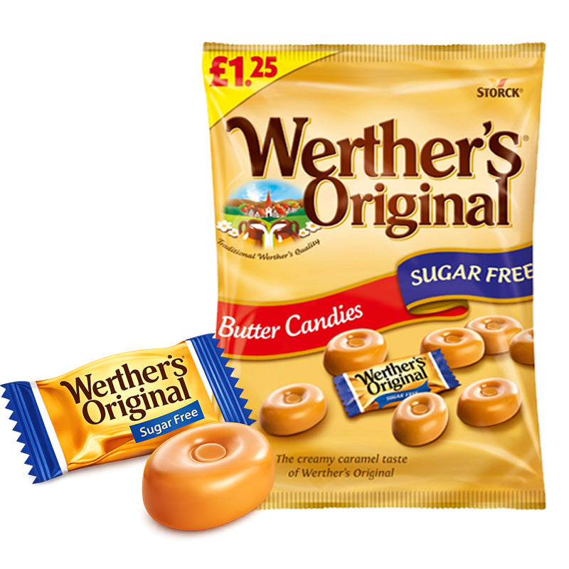 Werther's Original Sugar Free Butter Candies Bags 65g PMP Creamy Toffee Sweets (Box of 12 packs)