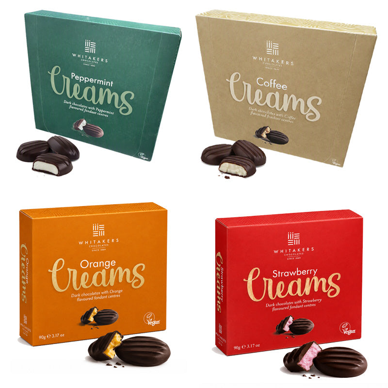 Whitakers Dark Chocolate Coffee Peppermint Orange Strawberry Creams 90g (Box of 8 & 16 Boxes)