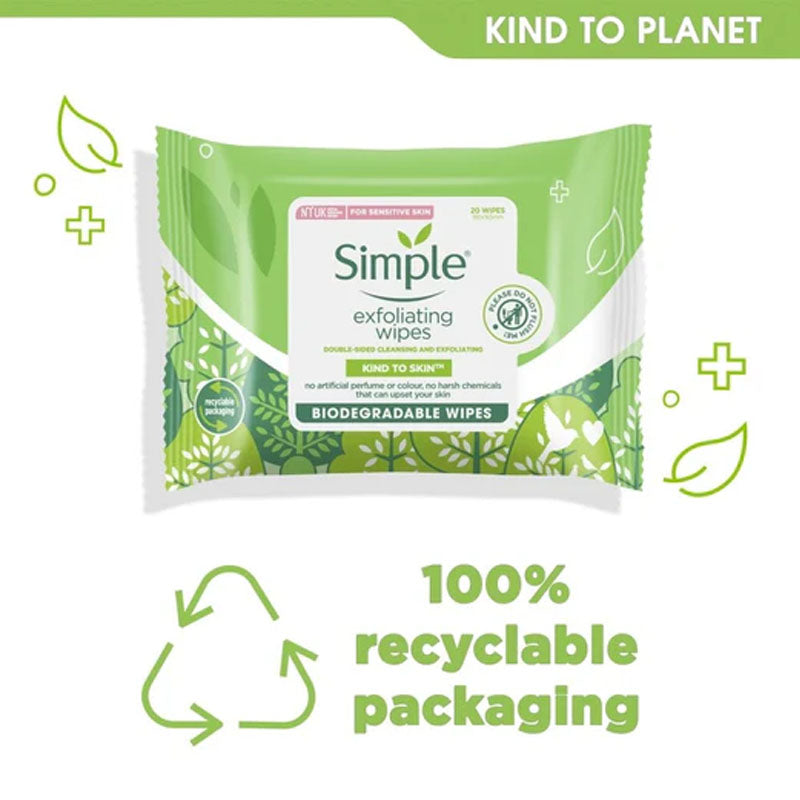 Simple Facial Exfoliating 20 Wipes per Pack Gentle Skin Cleansing & Makeup Removal Wipes (Box of 6 Packs)