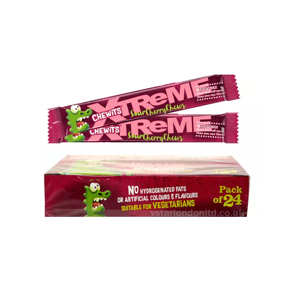 Chewits Xtreme Extremely Cherry Chews Packs 34g (Box of 24 Packs) - Bold & Tangy