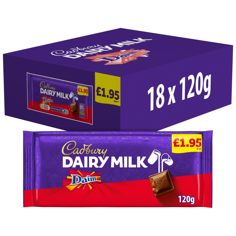 Cadbury Dairy Milk Daim Chocolate Bar 120g £1.95 PMP – Box of 18