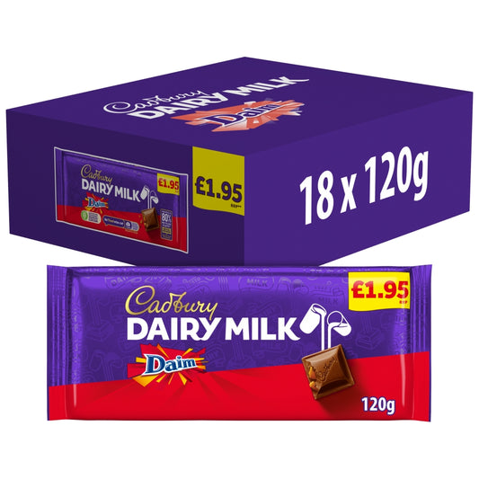 Cadbury Dairy Milk Daim Chocolate Bar 120g £1.95 PMP – Box of 18
