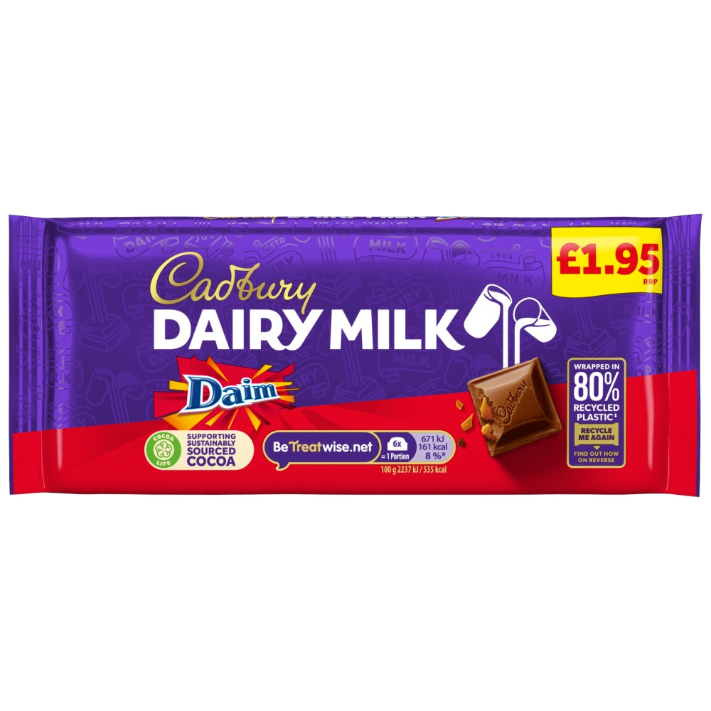 Cadbury Dairy Milk Daim Chocolate Bar 120g £1.95 PMP – Box of 18