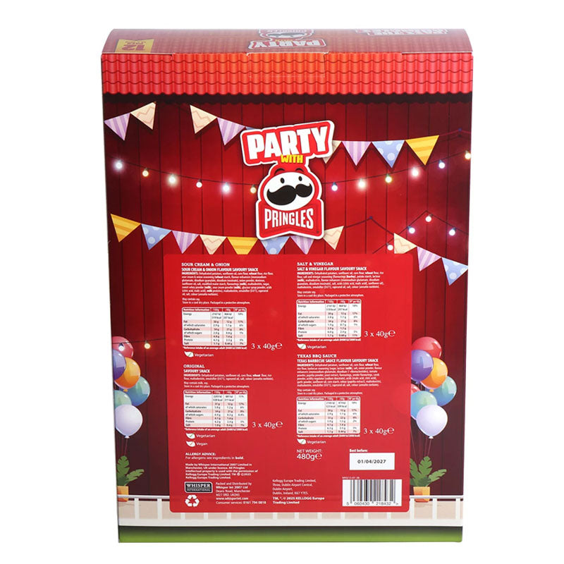 Pringles Party Pack 12 x 40g Crisps 4 Flavours Original Sour Cream Onion BBQ Salt Vinegar
