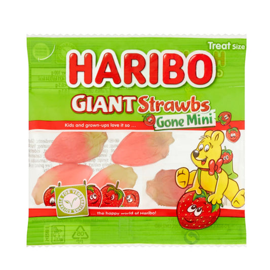 Haribo Giant Strawbs Gone Mini Bags 16g Fruit Flavour Gummy Sweets (Box of 100 Packs)