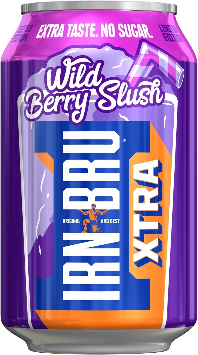IRN-BRU XTRA 24 Pack Limited Edition Wild Berry Slush Summer Flavour, Zero No Sugar & Low Calorie Fizzy Drink - 24 x 330ml Cans