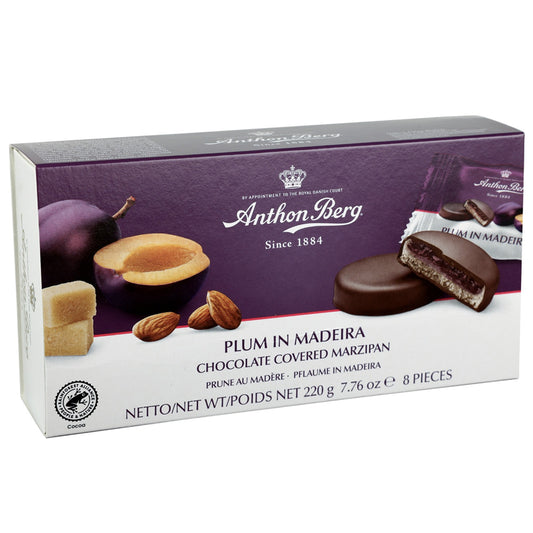 Anthon Berg Plum in Madeira Marzipan 220g | Liqueur Chocolate Gift