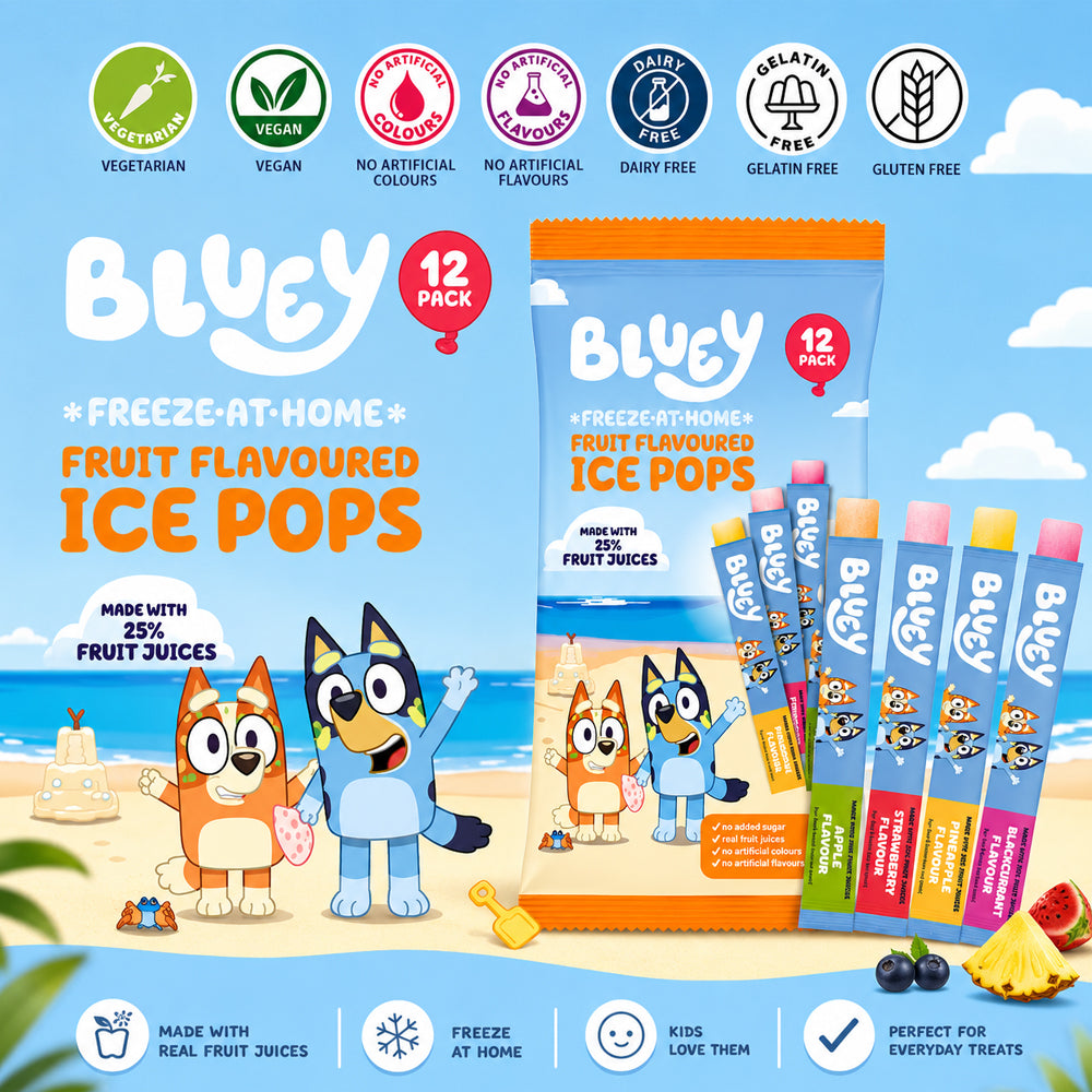 Bluey Fruit Flavoured Ice Pops (12 Pops x 45ml) Freezable Frozen Treats (Box of 8)