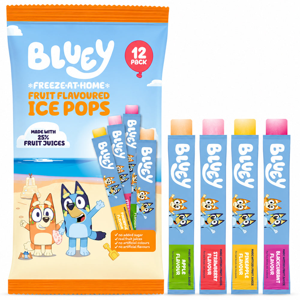 Bluey Fruit Flavoured Ice Pops (12 Pops x 45ml) Freezable Frozen Treats (Box of 8)