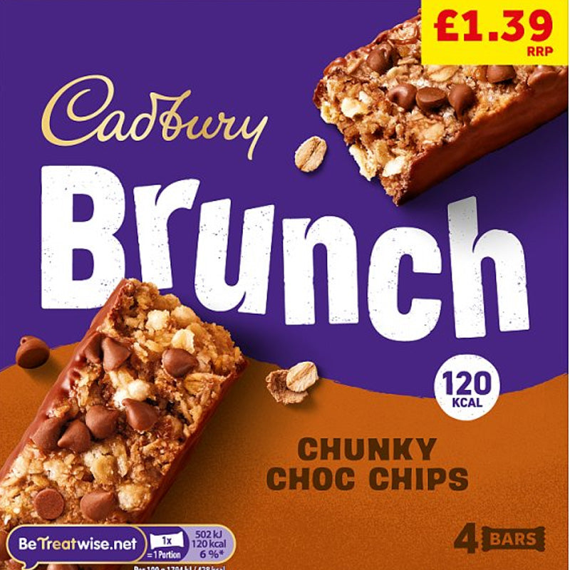 Cadbury Brunch Oats Chocolate Chip Cereal Bars PMP (4 Multipacks x 28g) 112g - 8 Boxes