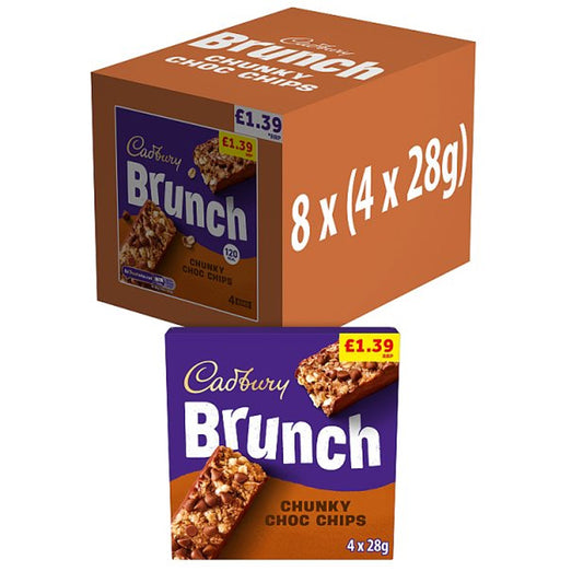 Cadbury Brunch Oats Chocolate Chip Cereal Bars PMP (4 Multipacks x 28g) 112g - 8 Boxes