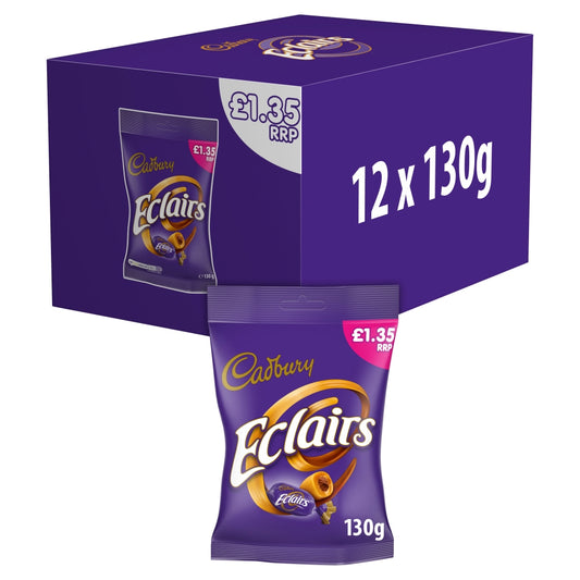 Cadbury Eclairs Chocolate Bags 12 x 130g – Chewy Caramel & Milk Chocolate Treats