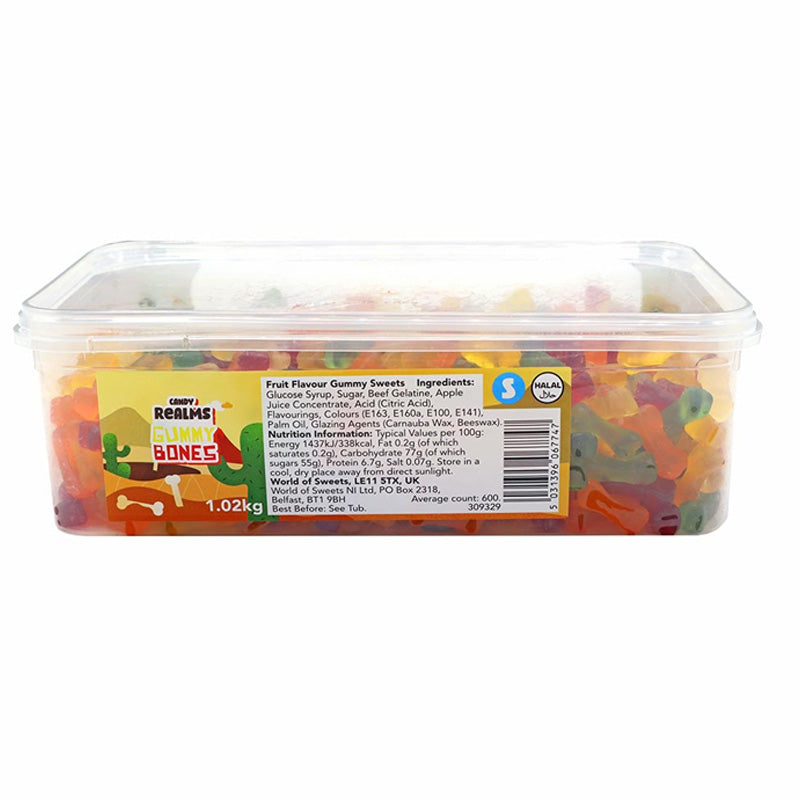 Candy Realms Gummy Bones PMP Tub 1.02kg – Halal Fruit Flavour Gummy Sweets