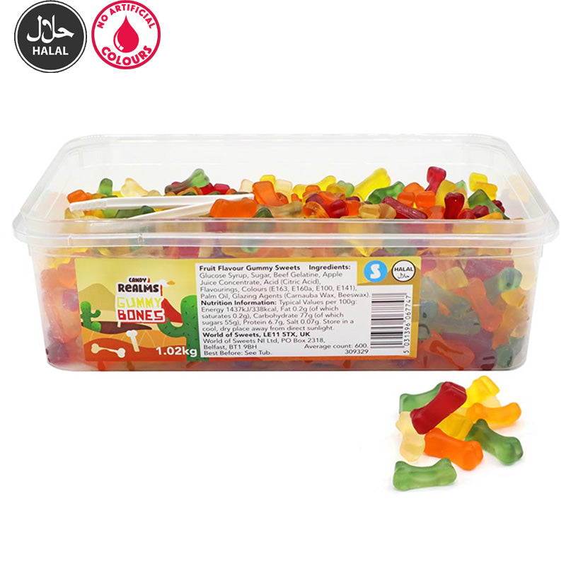 Candy Realms Gummy Bones PMP Tub 1.02kg – Halal Fruit Flavour Gummy Sweets