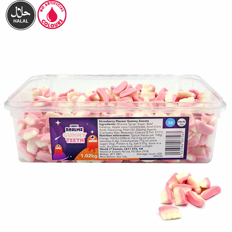 Candy Realms Gummy Strawberry Flavour Teeth 1.02kg Tub | Halal Friendly