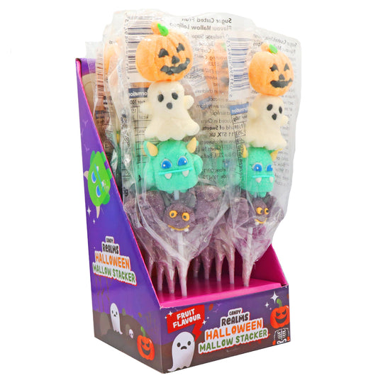 Candy Realms Halloween Mallow Stacker 45g Halal Friendly Fruit Flavour Mallow Lollipops (Box of 12)