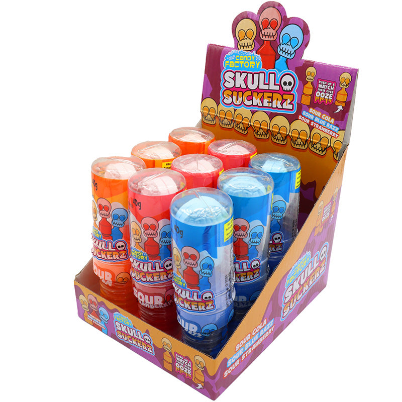 Crazy Candy Factory Skull Suckers 40g x 12 – Sour Liquid Halloween Lollipops