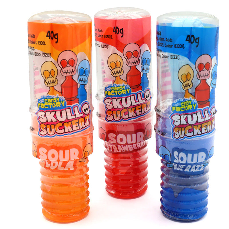 Crazy Candy Factory Skull Suckers 40g x 12 – Sour Liquid Halloween Lollipops