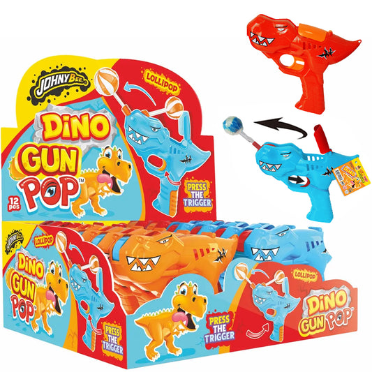 JB Dino Gun Pop 12 Count – Strawberry, Blue Raspberry & Cola Lollipops