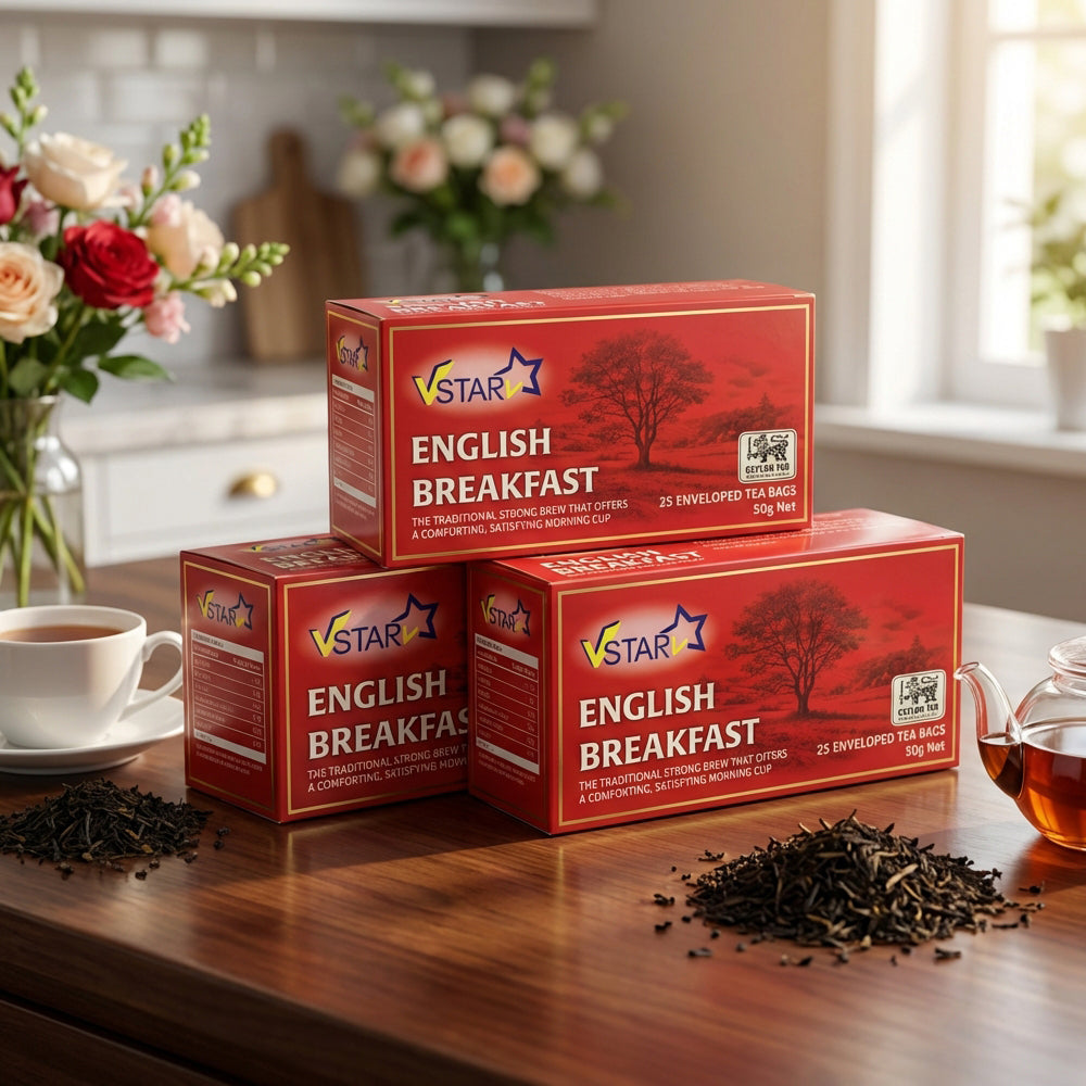 VSTAR English Breakfast Tea – 3 × 50g | Pure Ceylon Black Tea (75 Enveloped Tea Bags)
