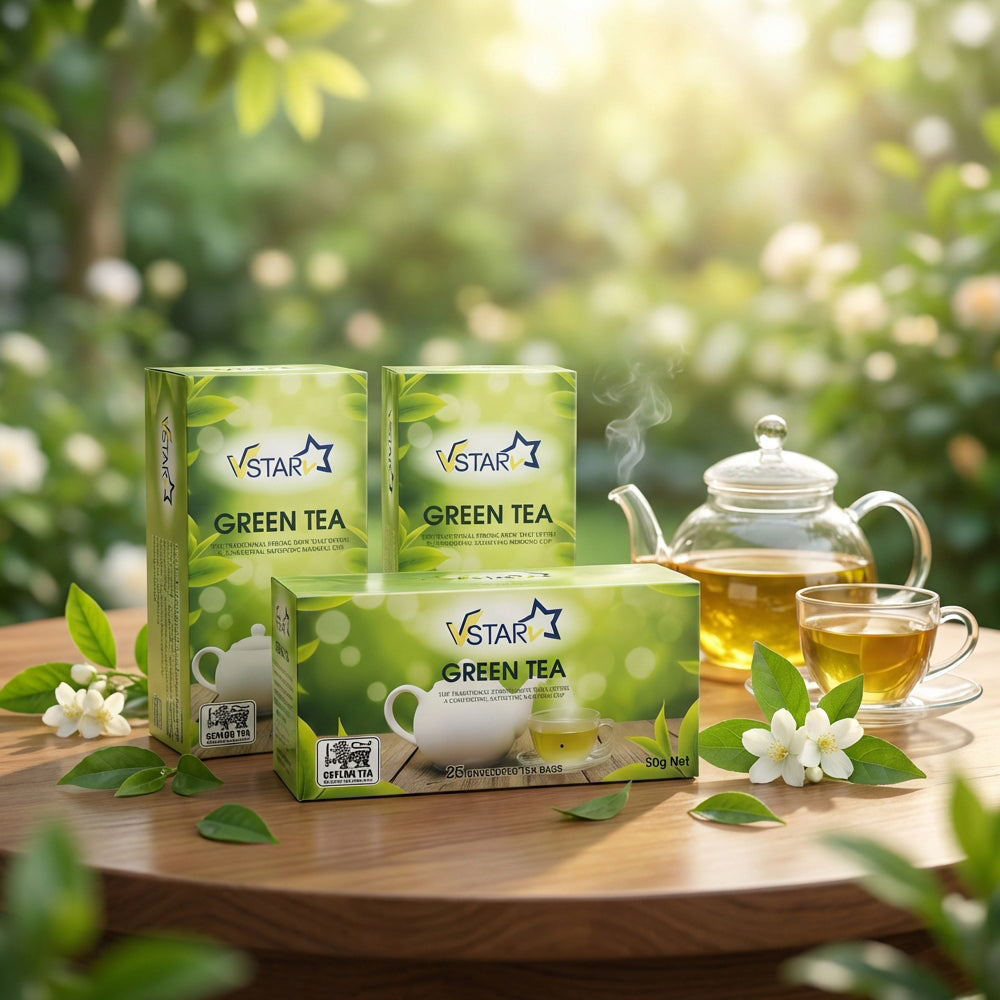 VSTAR Green Tea – 3 × 50g | Pure Ceylon Green Tea (75 Enveloped Tea Bags)