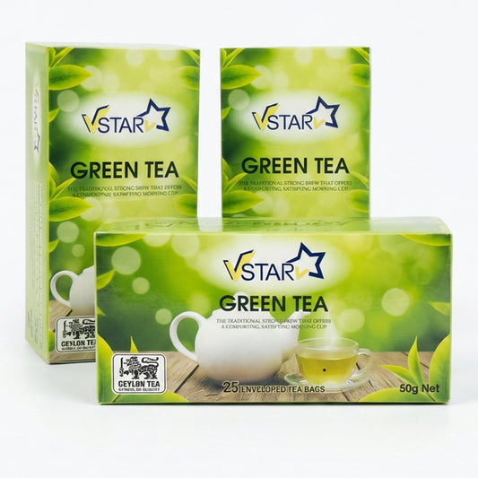 VSTAR Green Tea – 3 × 50g | Pure Ceylon Green Tea (75 Enveloped Tea Bags)