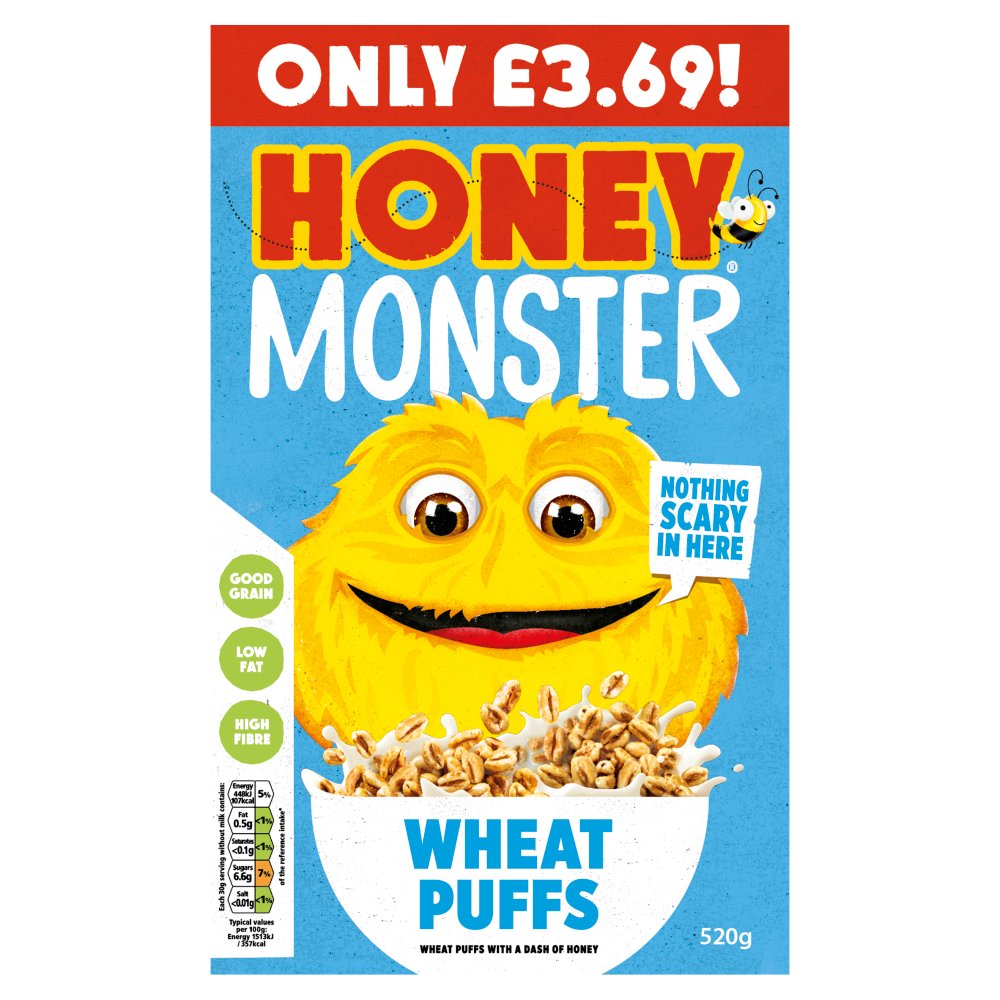 Honey Monster Wheat Puffs 520g – Sweetened with Honey & Vitamins (3 & 6 Boxes)