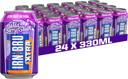 IRN-BRU XTRA 24 Pack Limited Edition Wild Berry Slush Summer Flavour, Zero No Sugar & Low Calorie Fizzy Drink - 24 x 330ml Cans