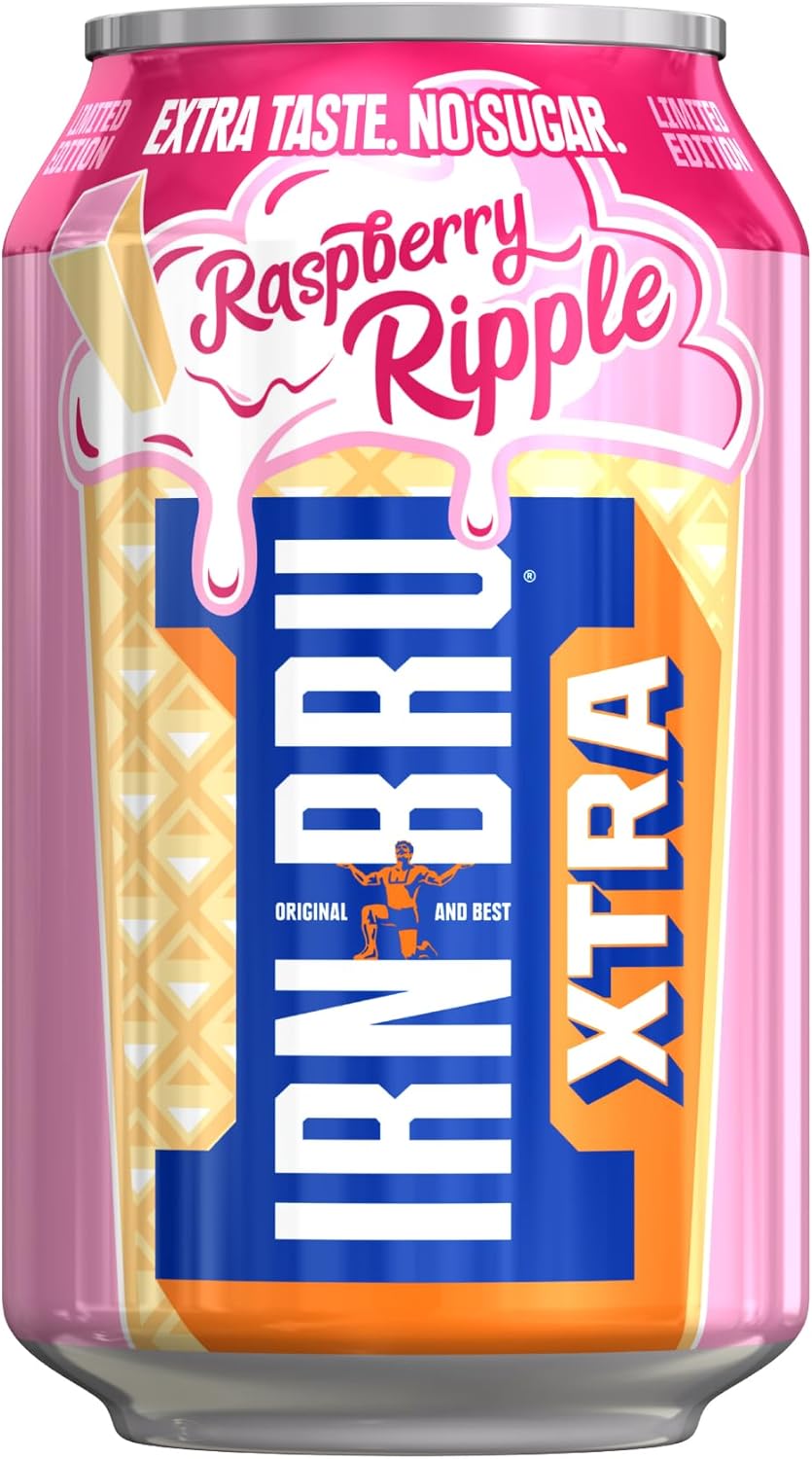 IRN-BRU Xtra No Sugar Limited Edition Raspberry Ripple Soft Drink - 24 x 330ml Cans